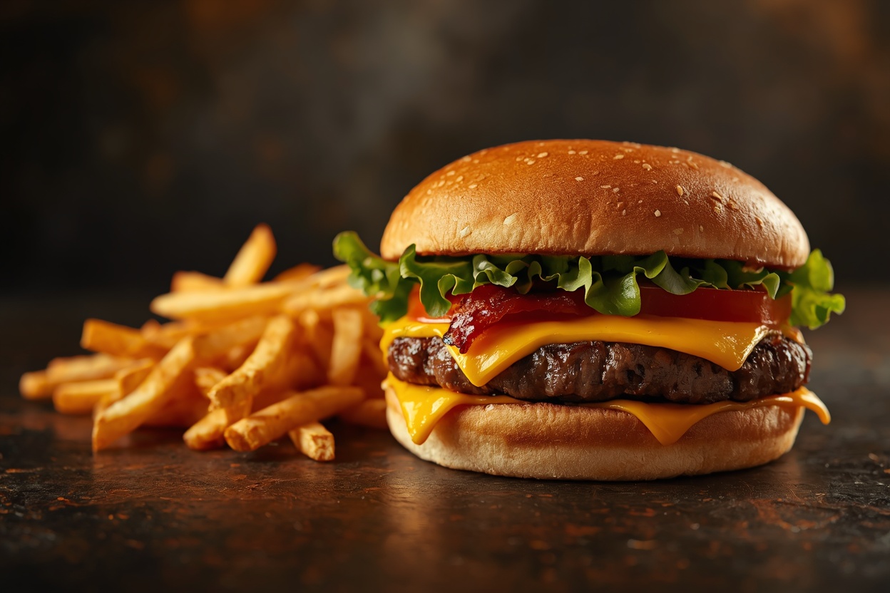 Hamburgare med cheddar, bacon och pommes frites